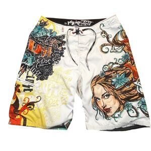 Vintage Lost Enterprises Psycho Ward Graffiti Board Shorts Men 38 Swim Vacation